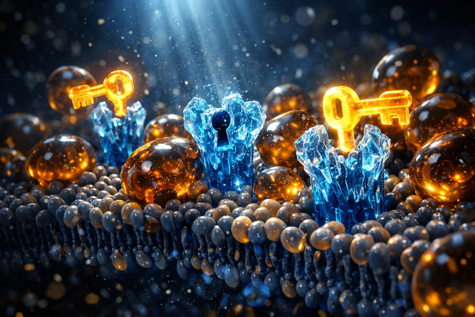 Illustration of insulin molecules being blocked by lipids at the cell receptor, causing insulin resistance.