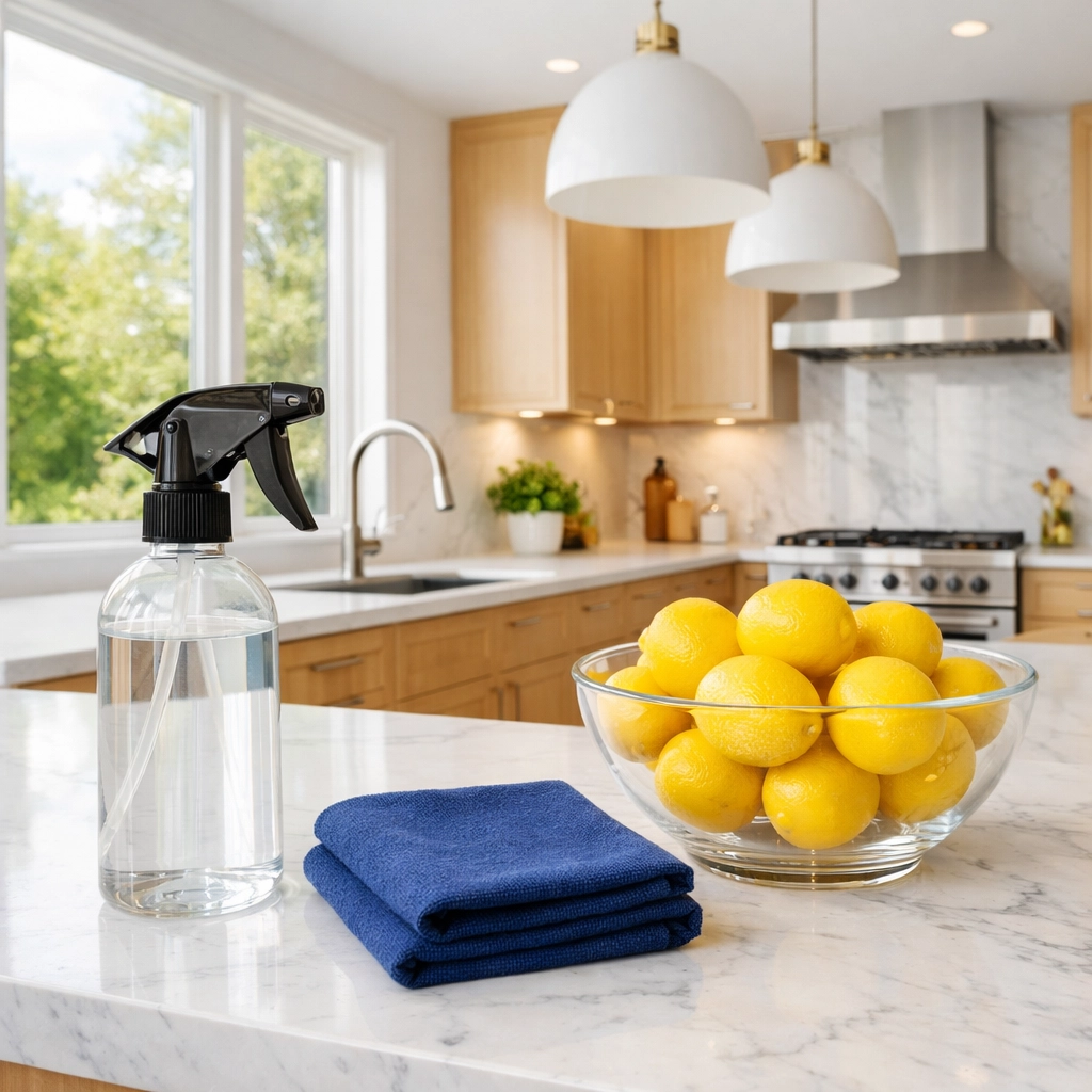 Eco-friendly professional house cleaning in Lincoln, MA with non-toxic supplies in a bright modern kitchen.