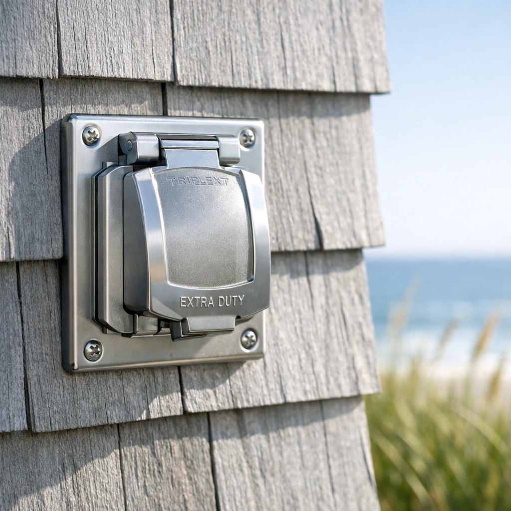 Weather-rated outdoor electrical outlet on cedar shingles installed by expert Rockland Maine electricians.