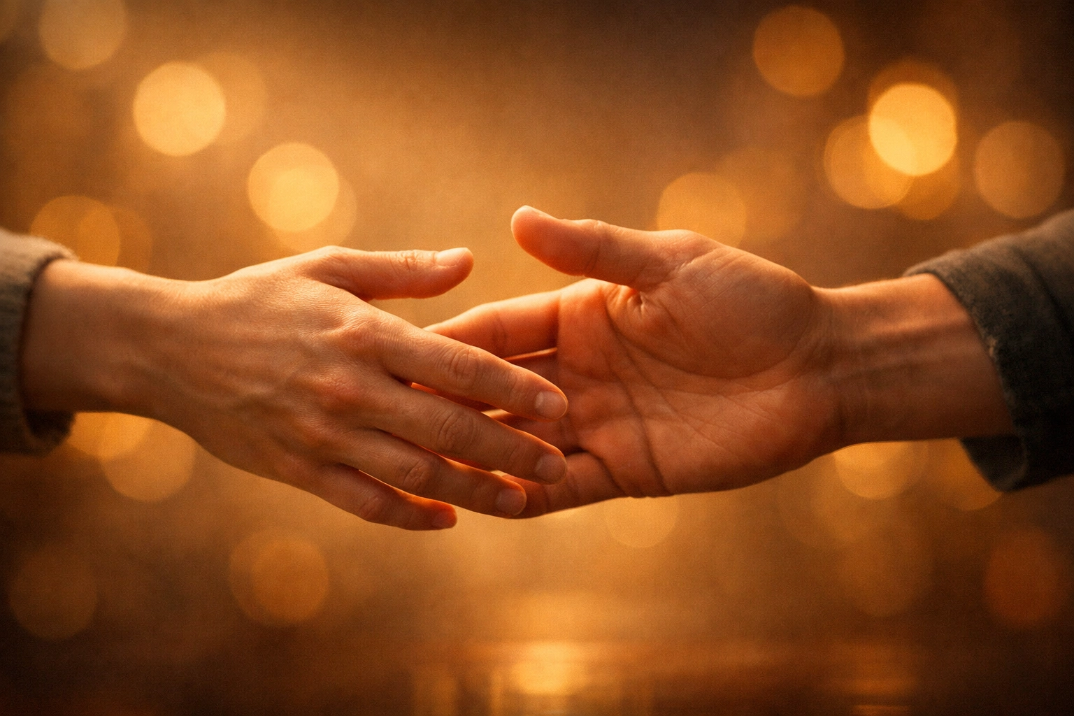 Two hands reaching to connect representing church community relationships