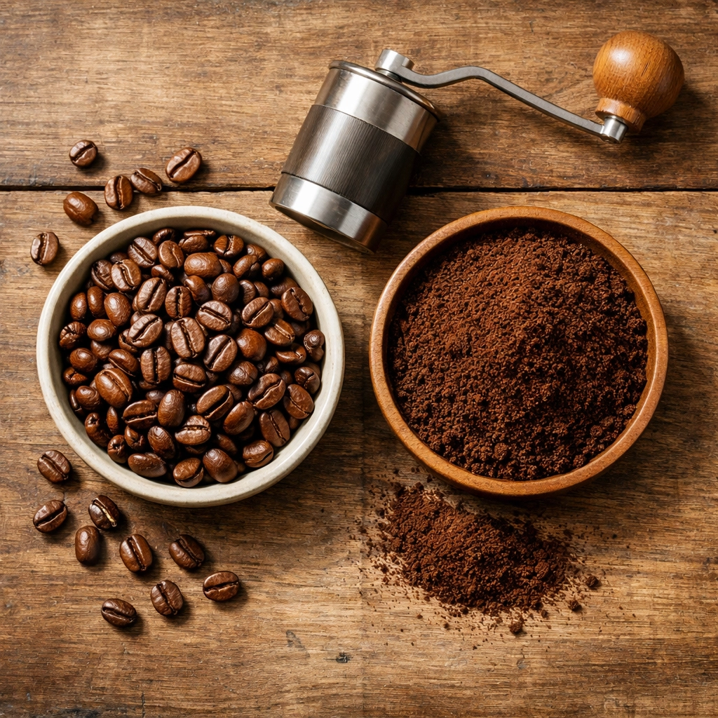 Fresh whole coffee beans compared to pre-ground coffee with hand grinder on wooden surface