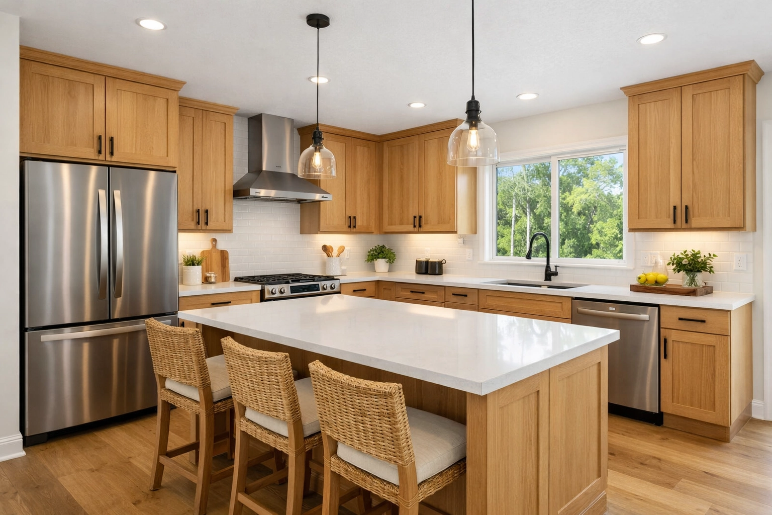 Transitional kitchen design Orlando with white oak cabinets and modern hardware