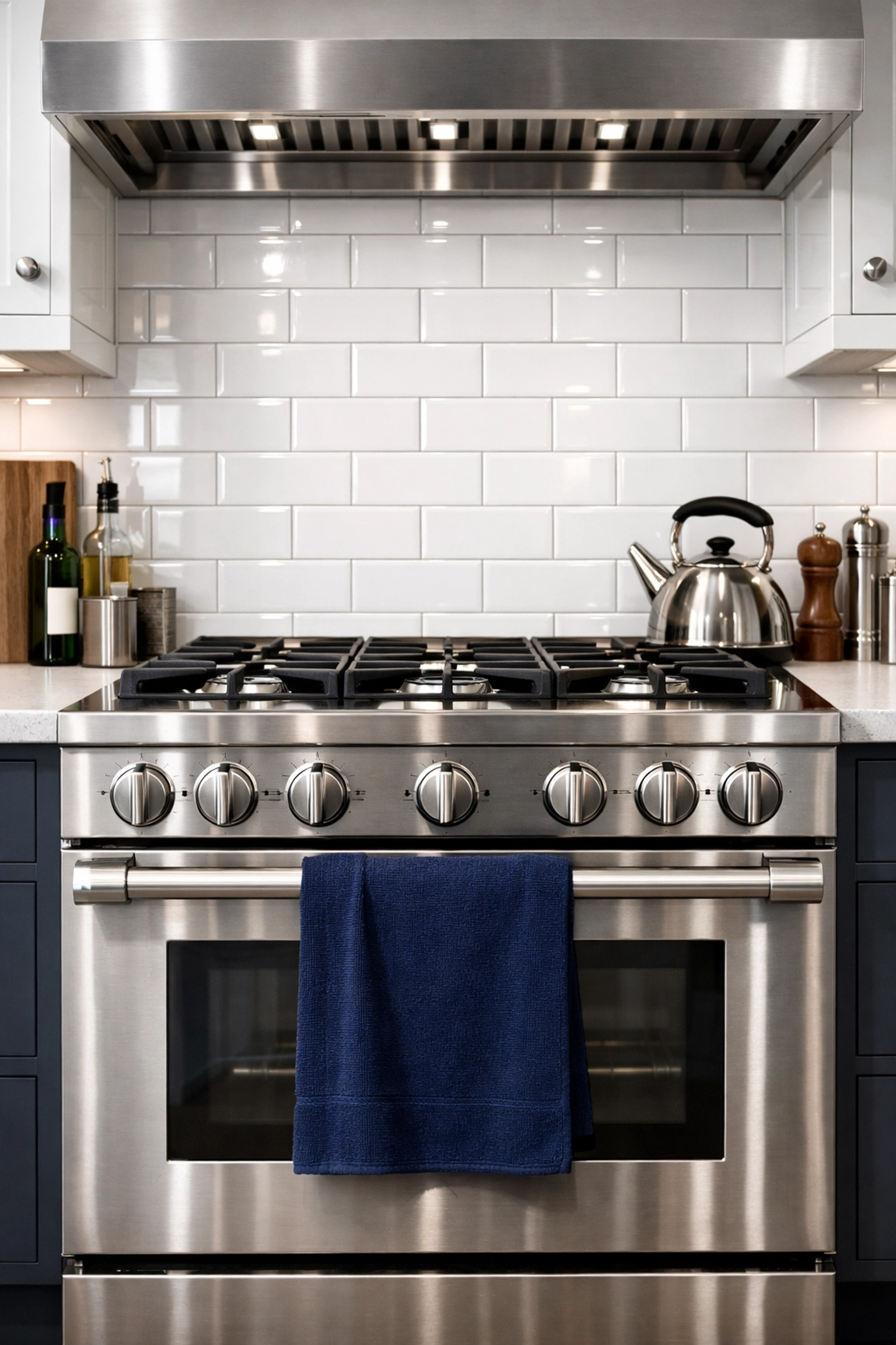 Deep professional cleaning results on a modern kitchen backsplash and stainless steel stove.