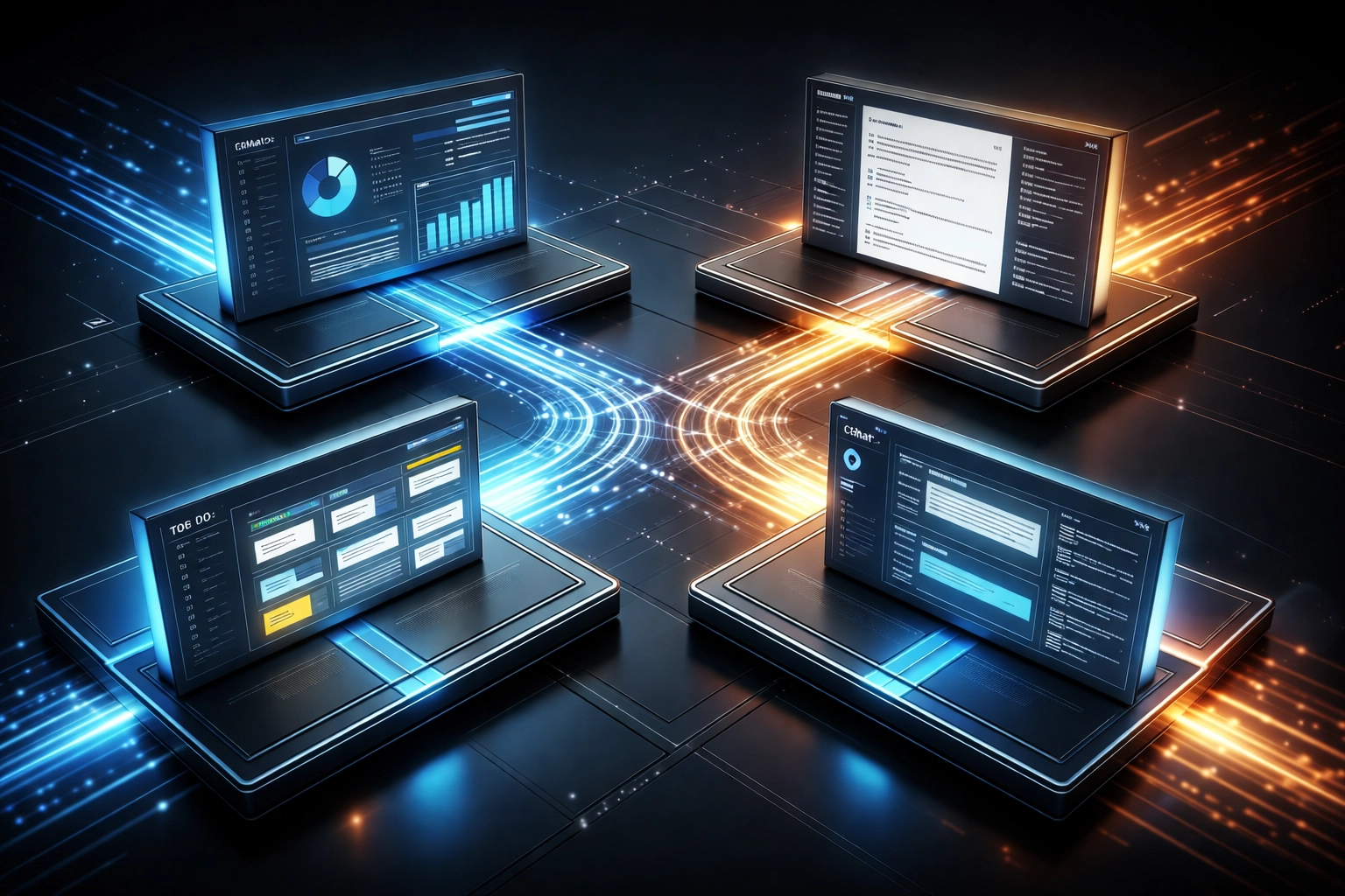 Multiple business tools connected by data flows, illustrating seamless workflow automation for small business productivity