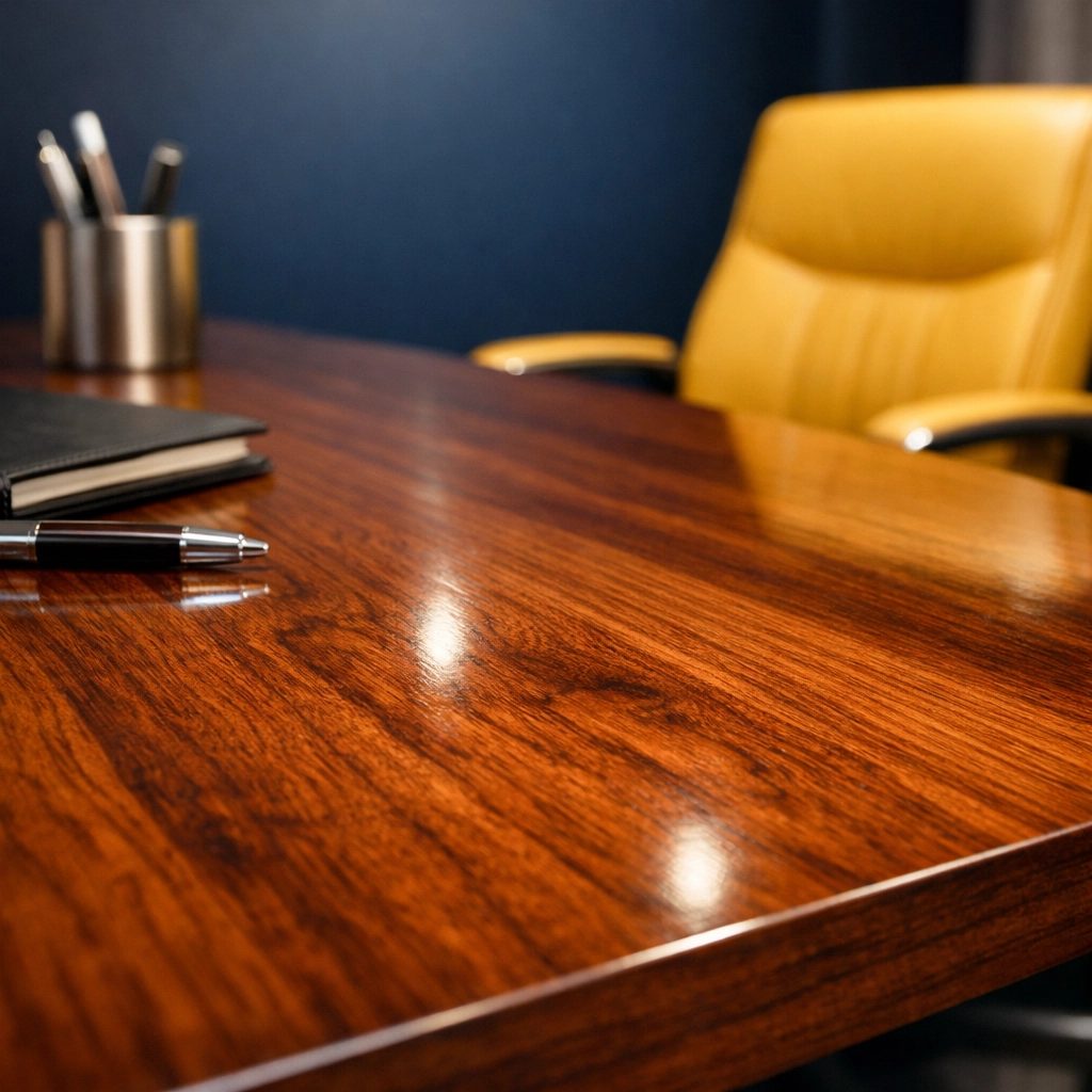 Close-up of a polished boardroom table preserved by non-toxic sustainable cleaning services.