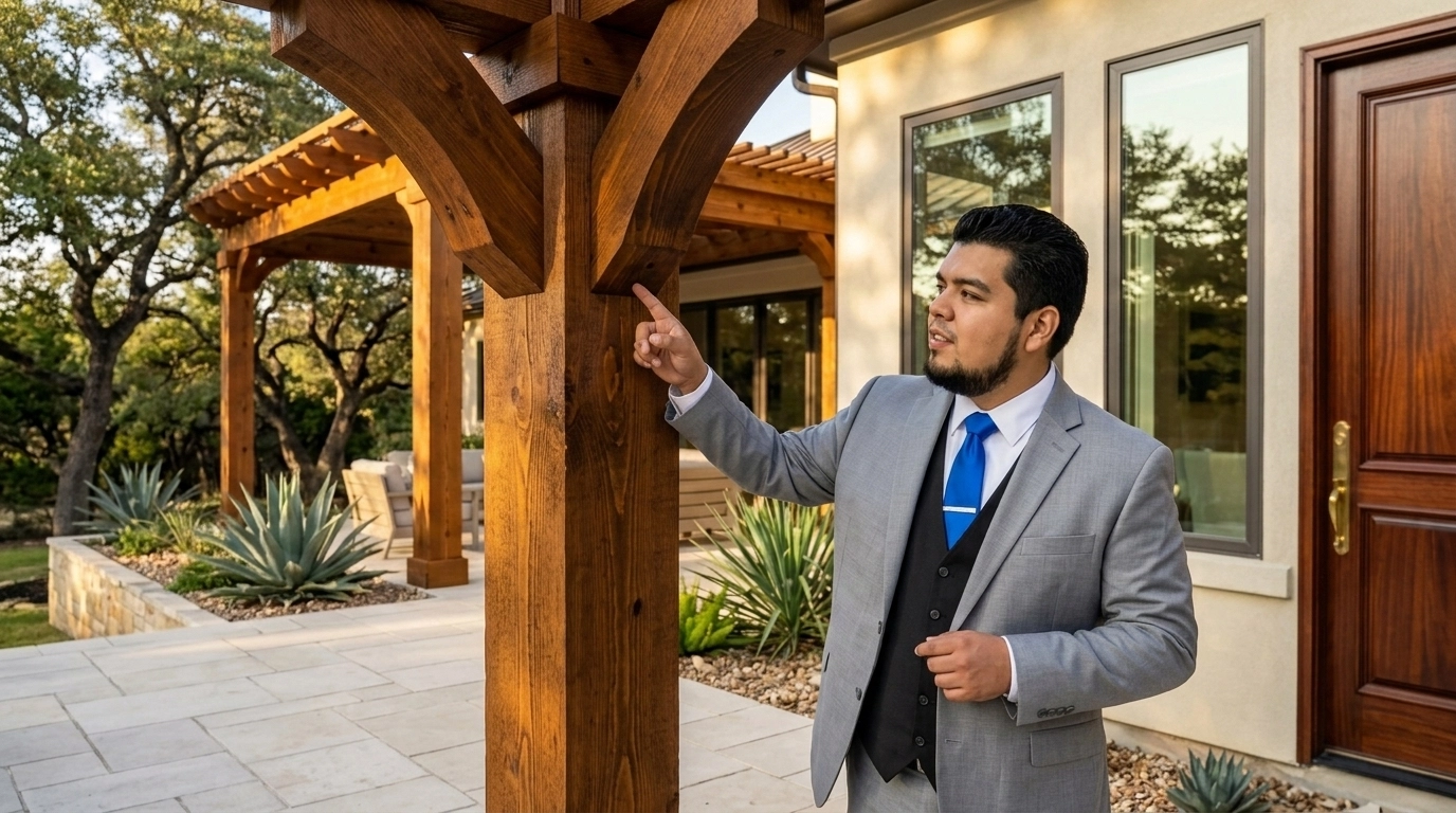Erick Luna, Vice President and Senior Project Manager, professionally dressed and pointing at a wall to reflect his authority and technical expertise.