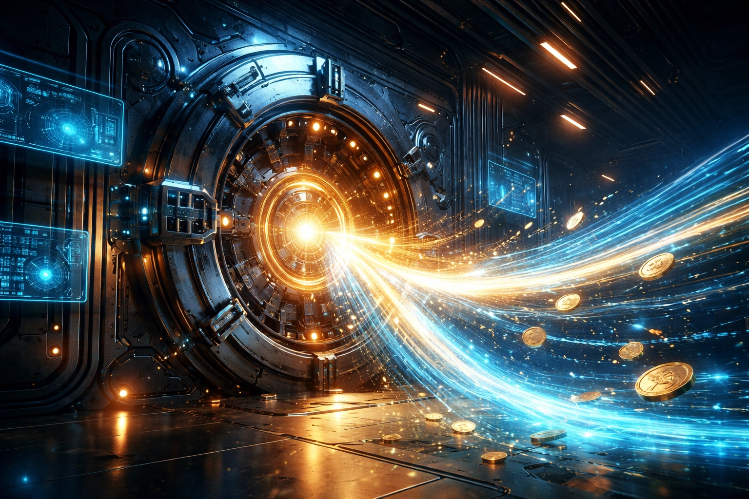 Unlocked digital vault emitting blue and gold energy, symbolizing self-custody and secure Web3 crypto payments