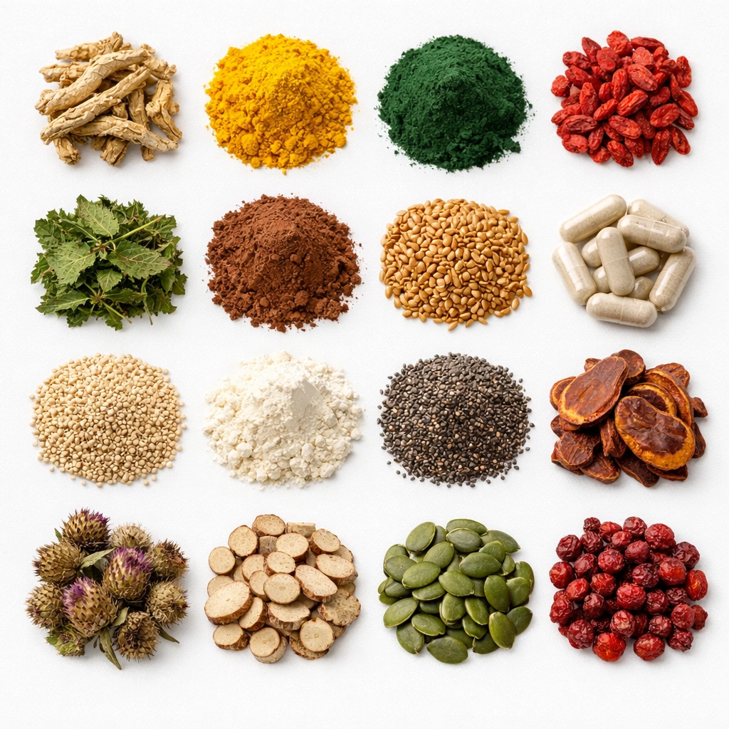 Raw supplement ingredients including herbs, powders, and botanical materials