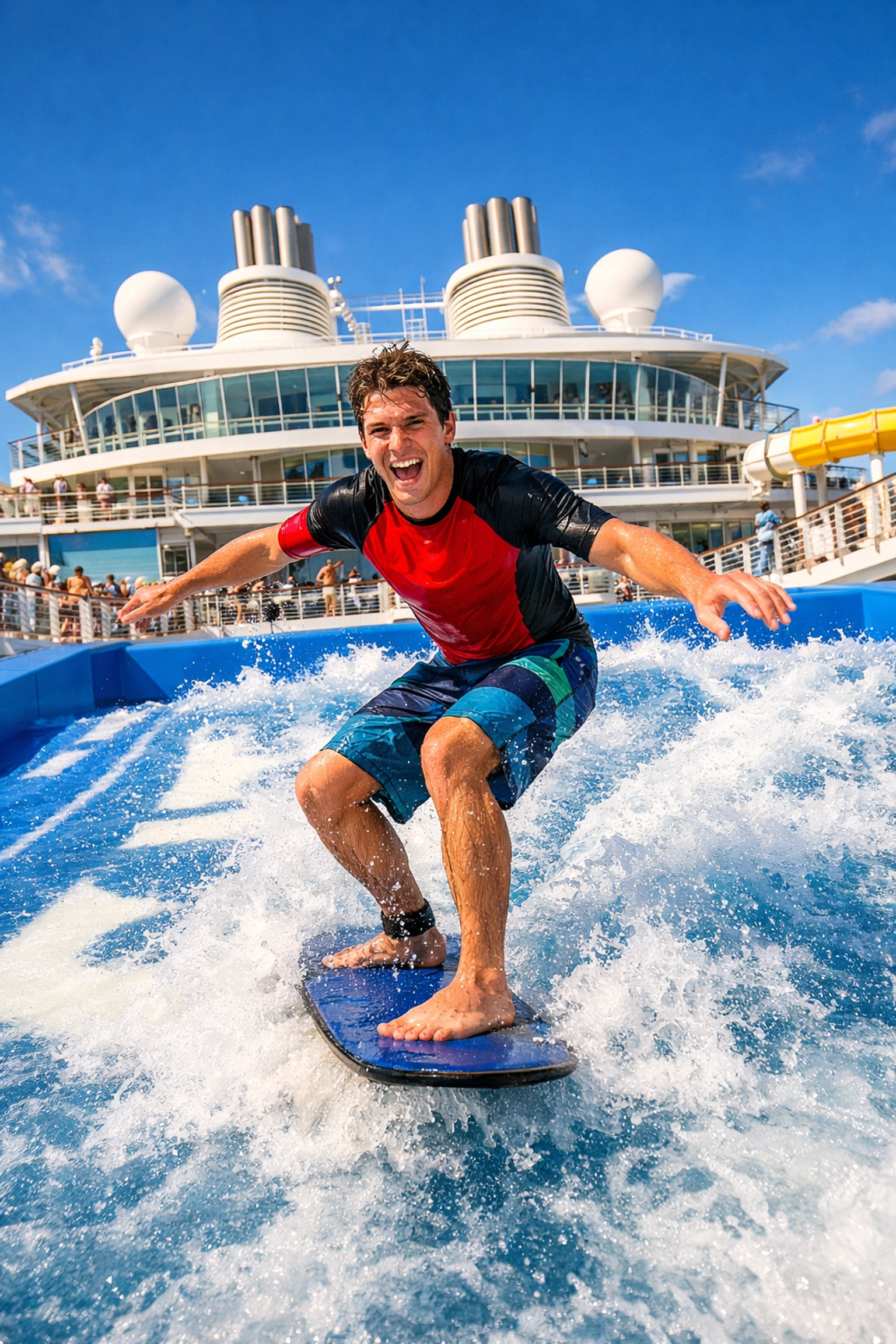 A traveler enjoying a surf simulator on a Royal Caribbean cruise ship deck under a clear blue sky.