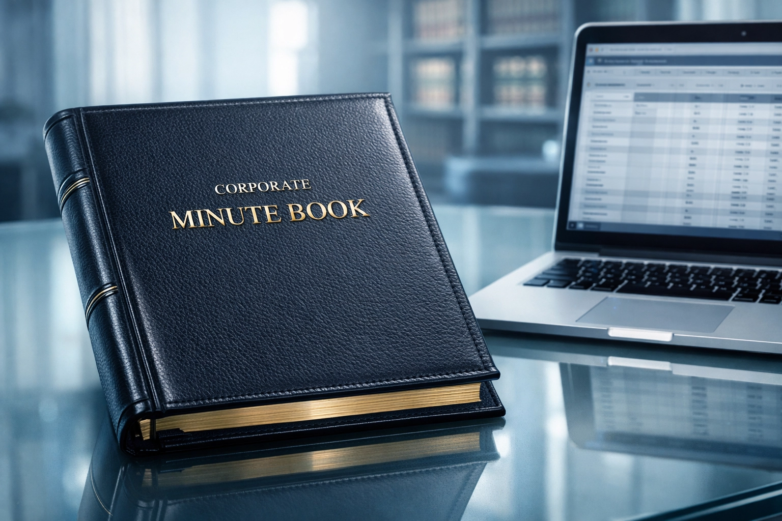 Professional corporate minute book and laptop representing internal registers and due diligence in Vietnam.