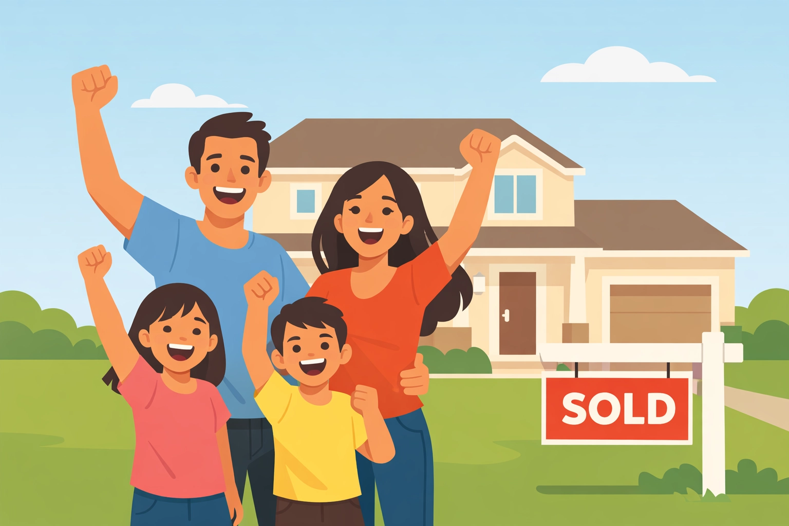 Familia latina celebrando compra de casa después de mejorar su crédito