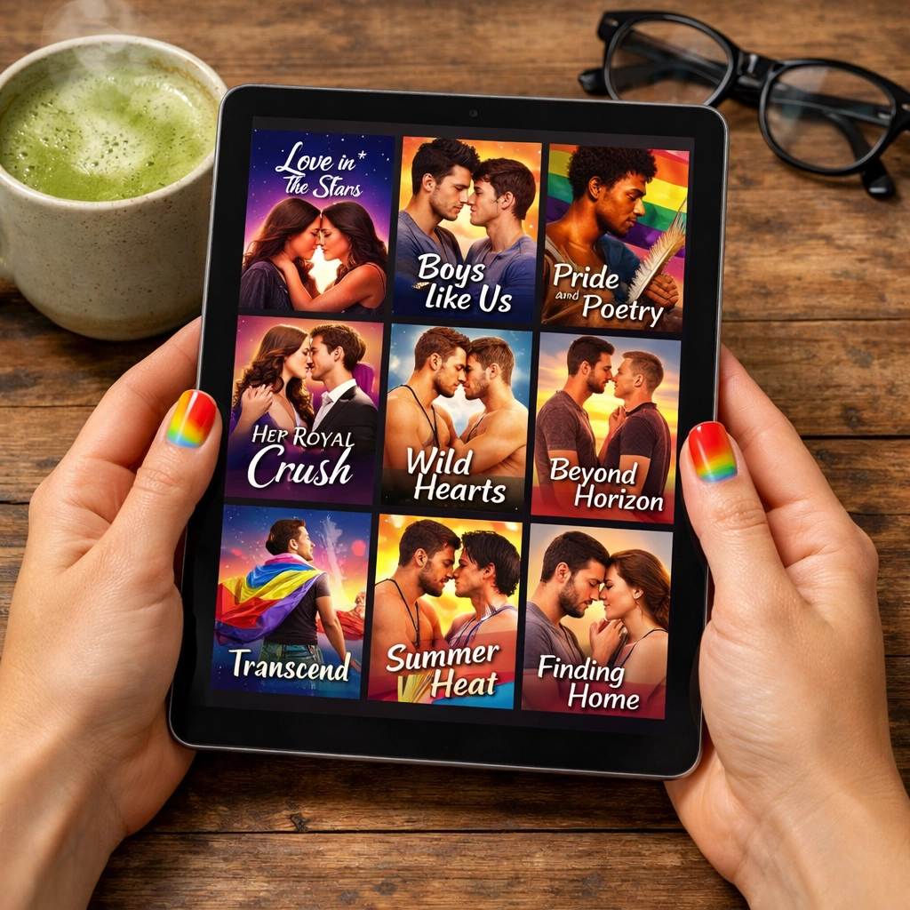 A person with rainbow nails browsing LGBTQ+ ebooks and MM romance novels on a digital tablet.