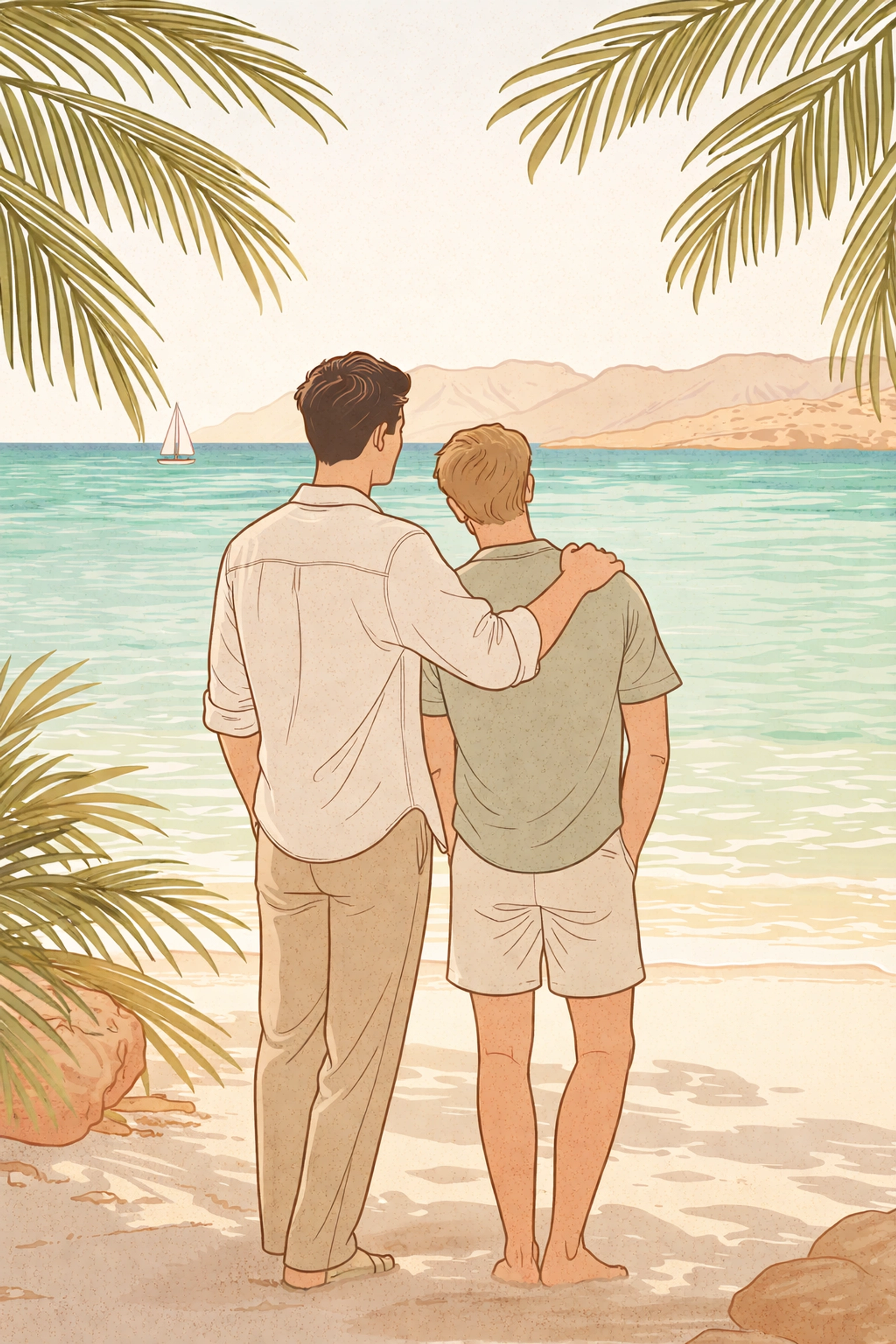 Romantic minimal illustration of two men together on a sunny Egyptian beach in Sharm El-Sheikh, Red Sea in background