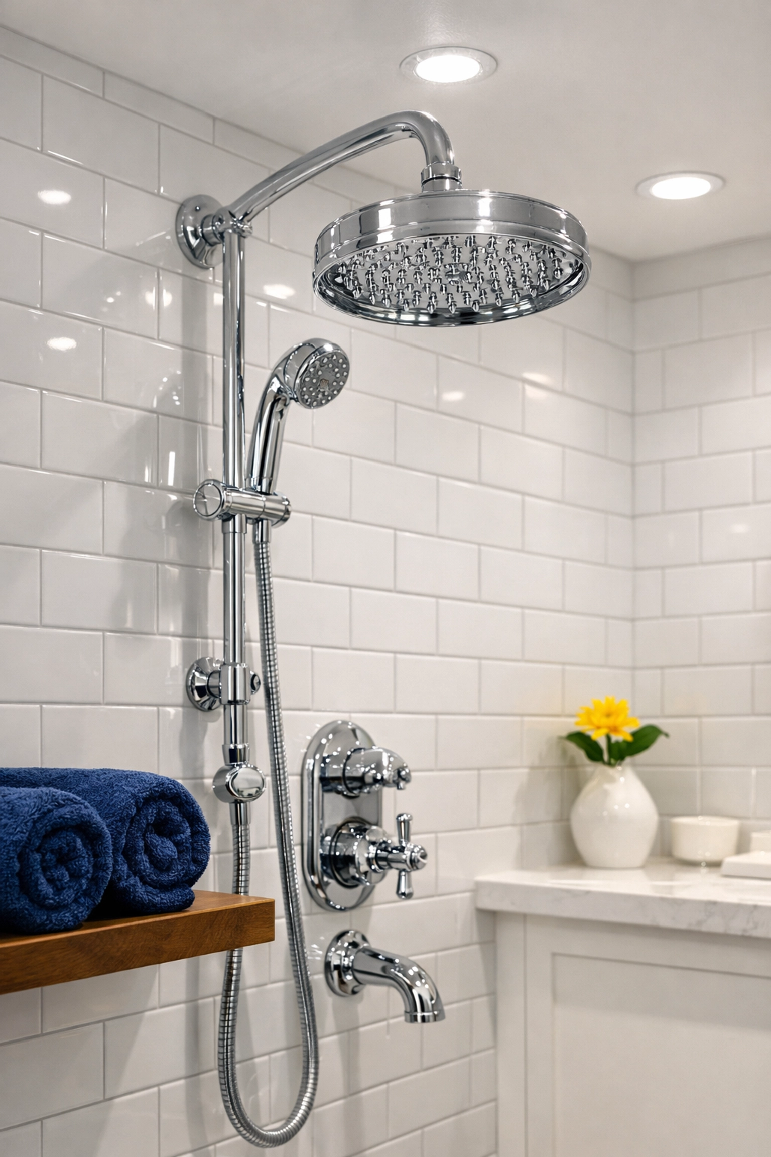 Pristine master bathroom with sparkling tiles and chrome fixtures from deep cleaning Shrewsbury MA experts.