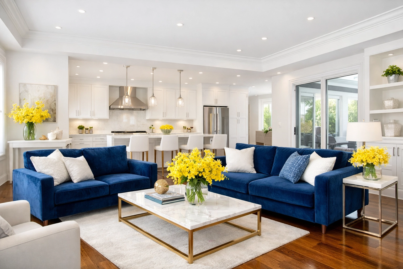 A spotless and organized modern kitchen and living room, showcasing professional cleaning results.