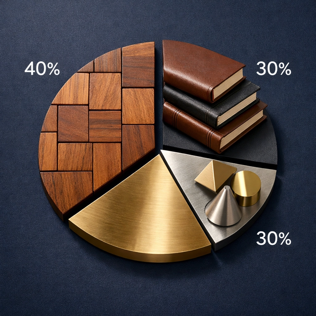 Portfolio allocation chart showing 40/30/30 model for alternative investments