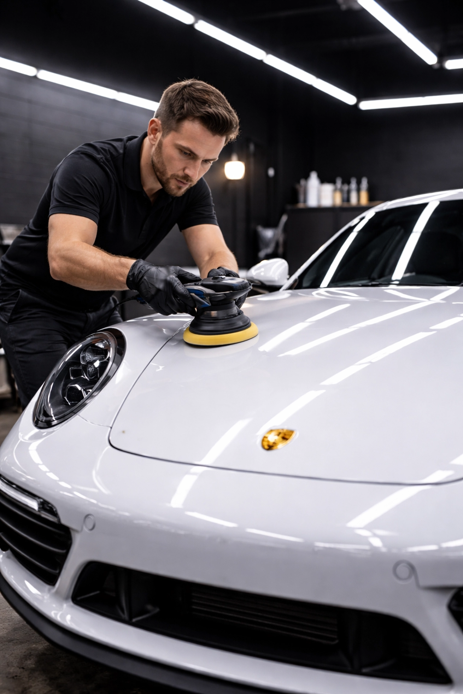 Brisbane car detailer polishing a white Porsche 911 in a modern garage, showcasing attention to detail and expert service.