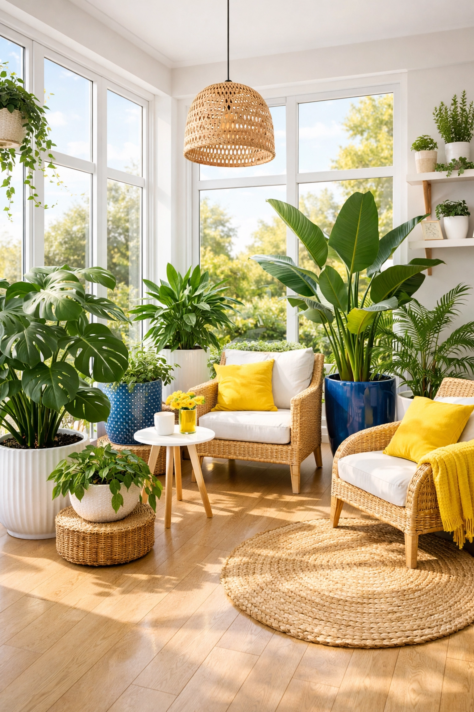 Spotless sunroom with healthy plants after an eco-friendly house cleaning Townsend MA service.