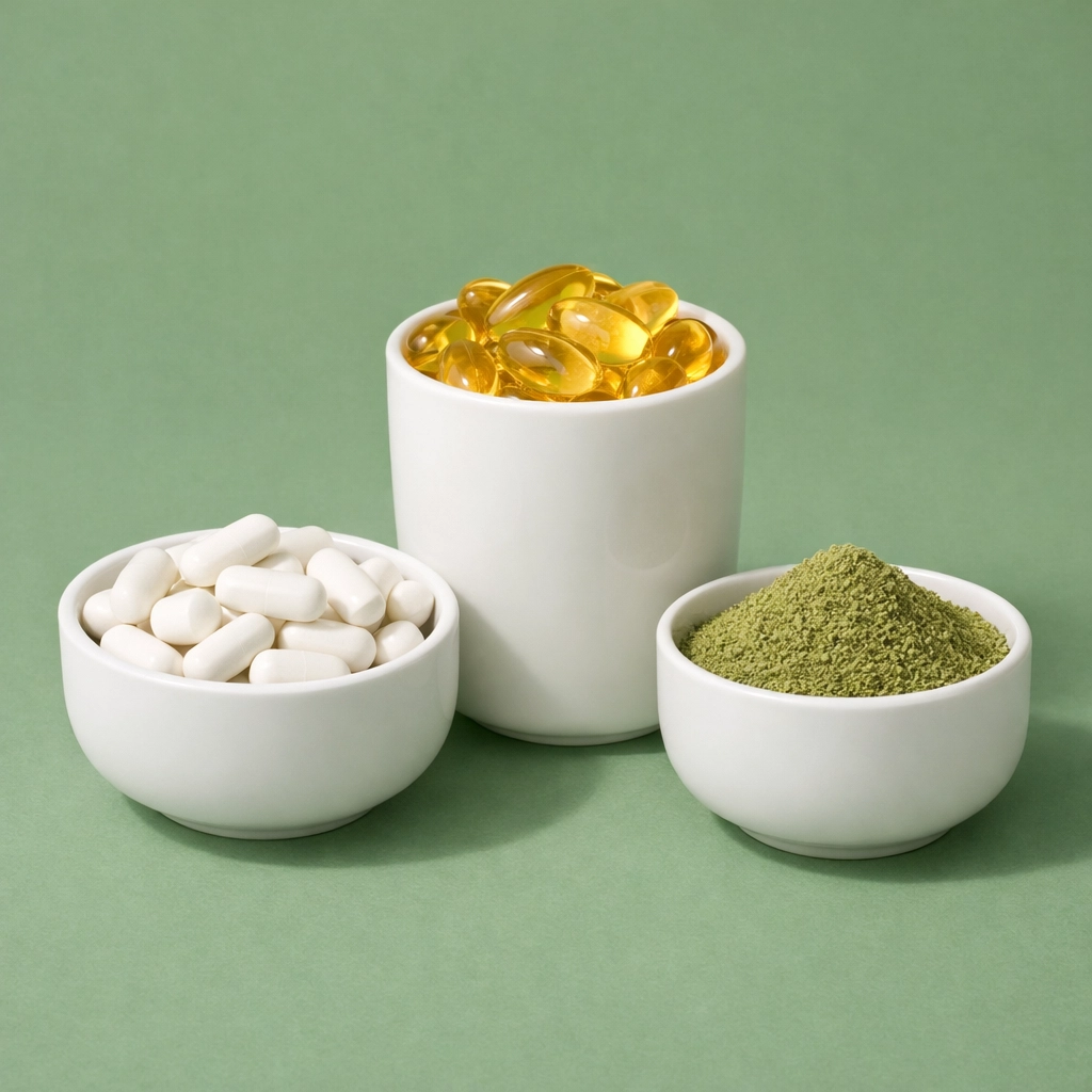 Various health supplements in white bowls for menopause hormone balance and recovery.