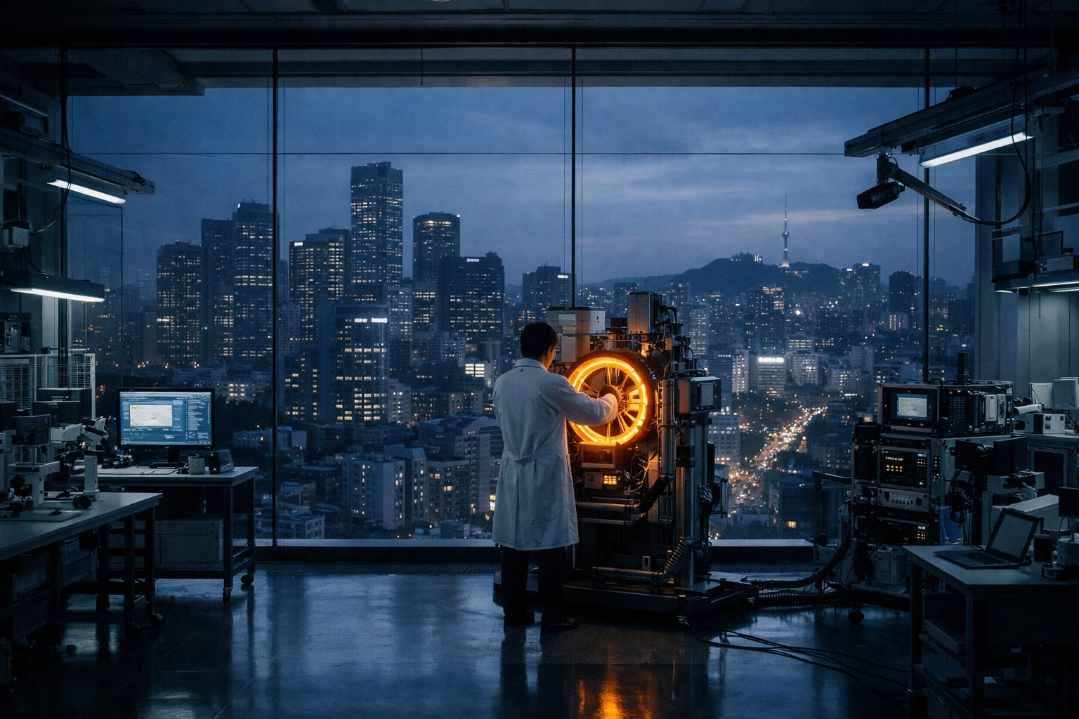 Researcher in a Seoul R&D laboratory with the Gangnam skyline, showcasing South Korean clinical beauty infrastructure.