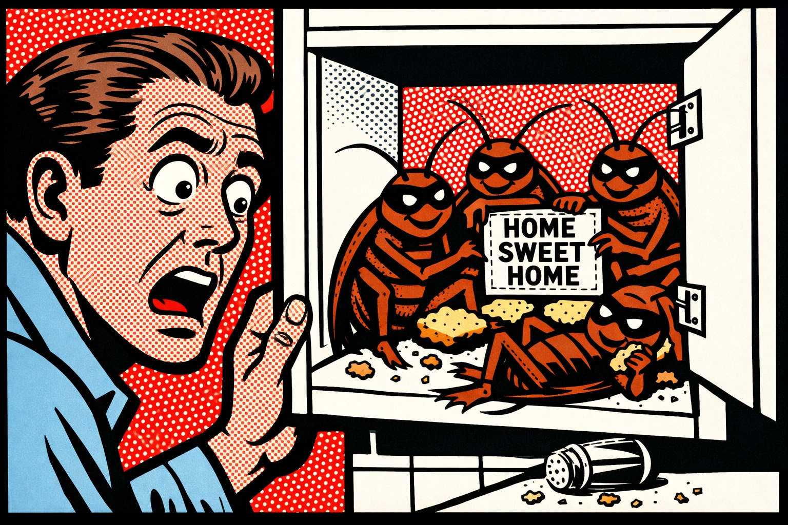 Comic art of a homeowner finding roaches, needing the best pest control in Birmingham AL.