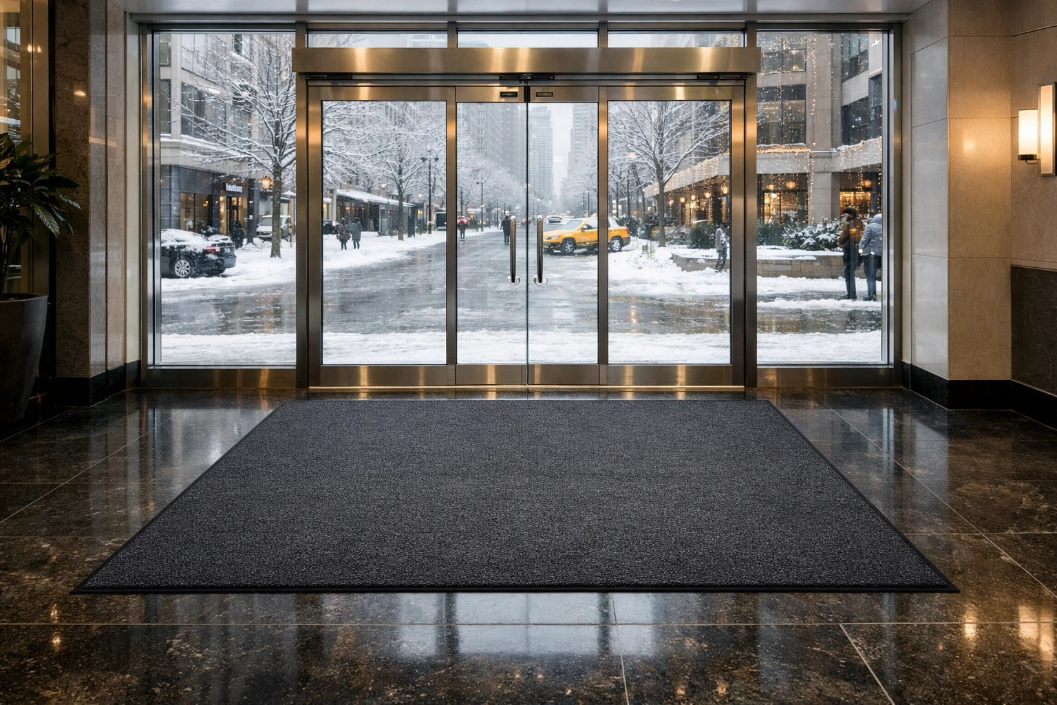 Clean apartment building lobby with a professional floor mat protecting against Midwest winter salt.