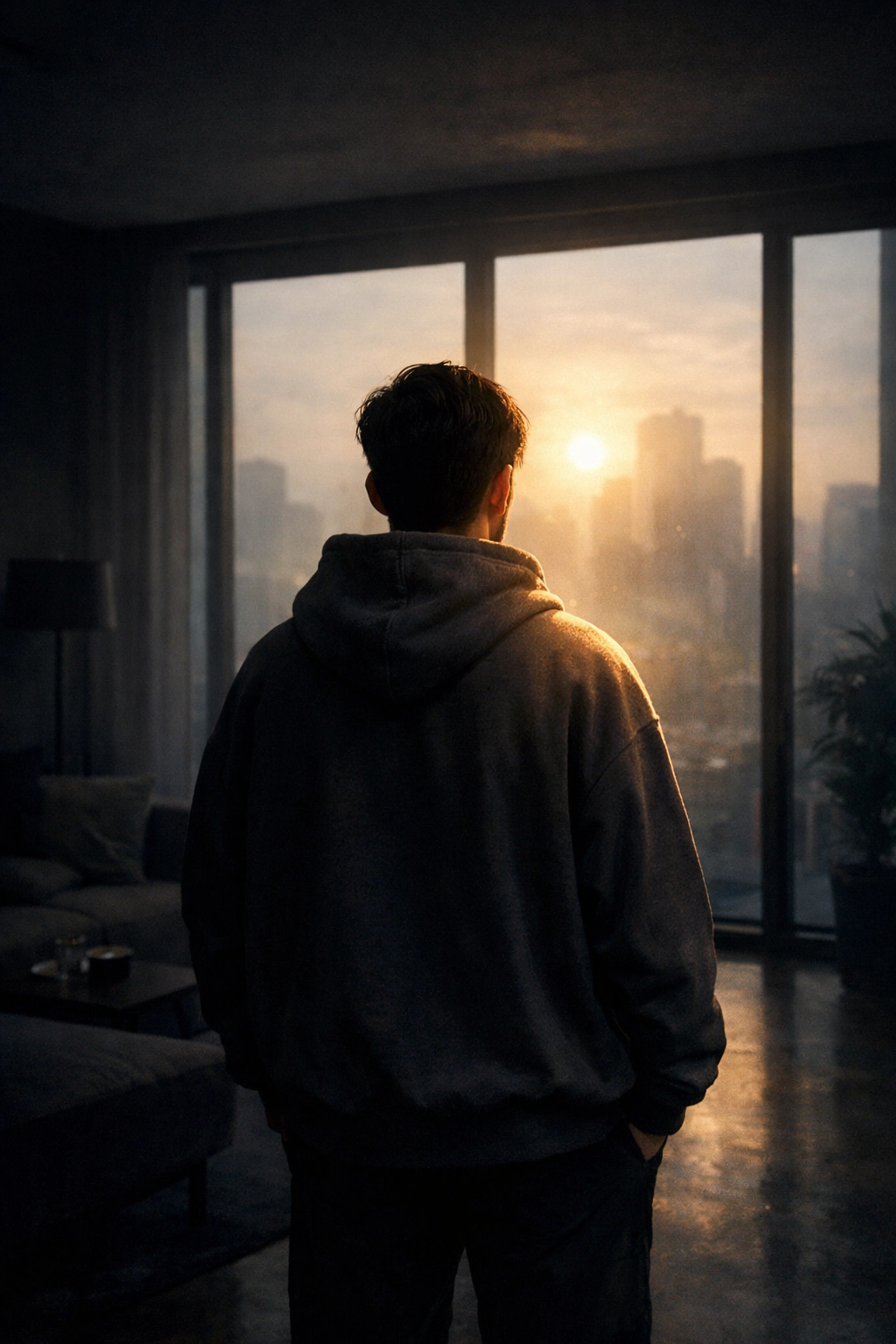 Man in minimalist charcoal hoodie looking at sunrise, representing new Niyah and spiritual healing.
