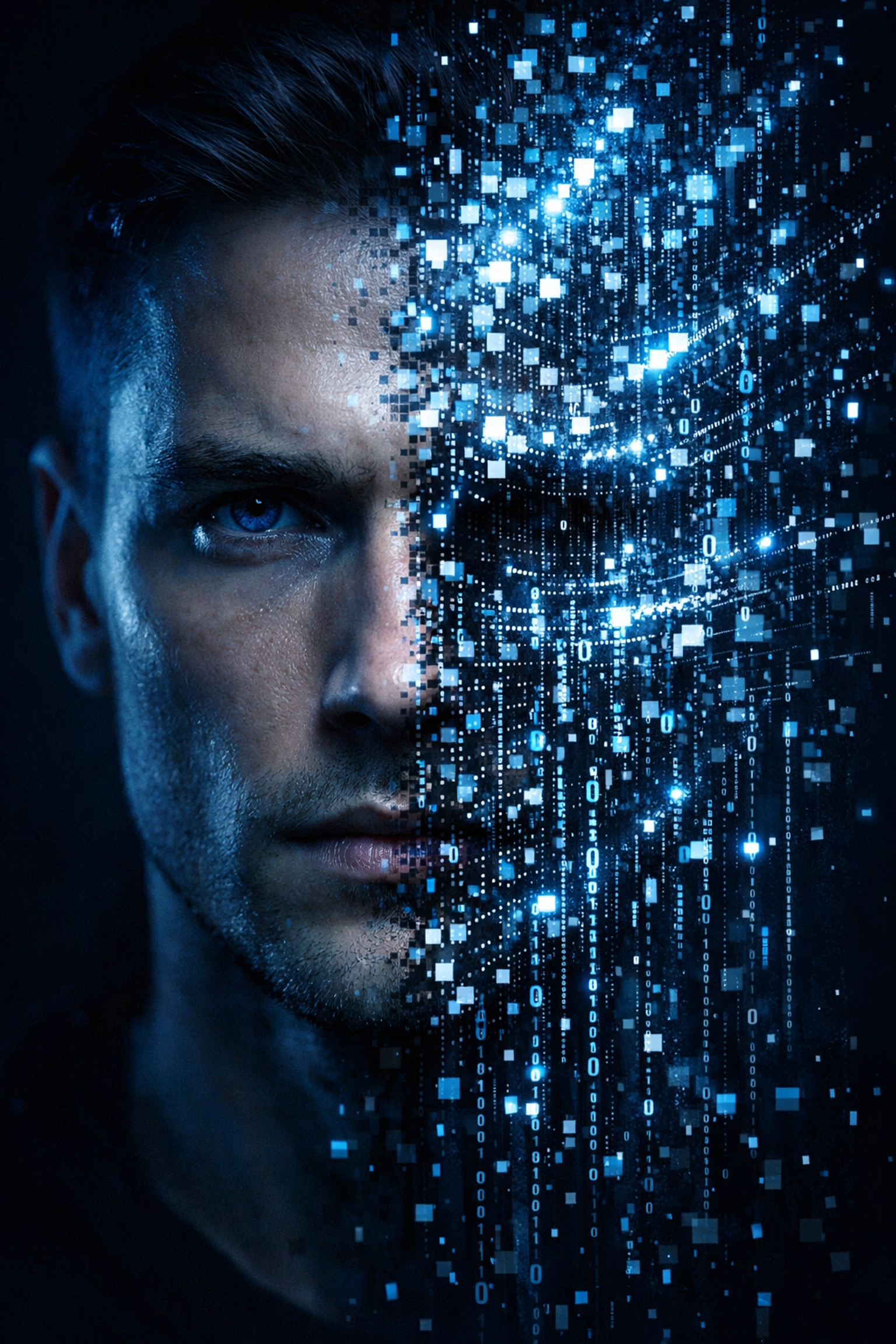 Digital face fragmenting into pixels illustrating deepfake AI fraud and synthetic identity creation