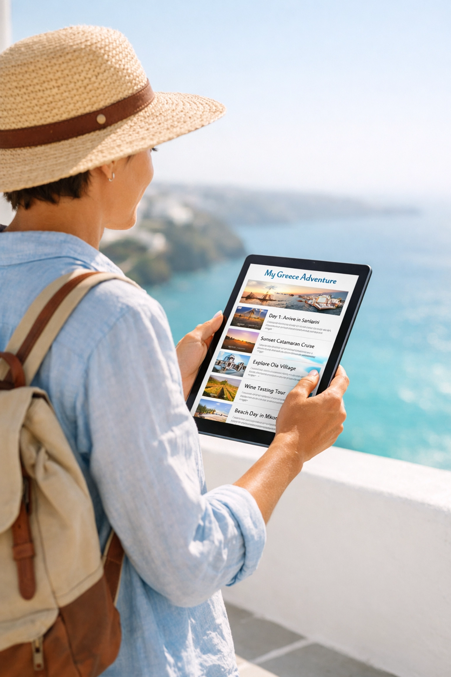 Relaxed traveler reviewing a curated luxury travel concierge itinerary on a balcony overlooking the sea.