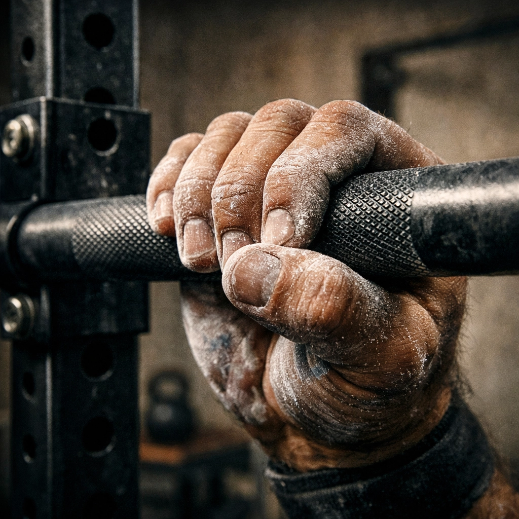Close-up of a chalked hand on a professional steel pull up bar for calisthenics training.