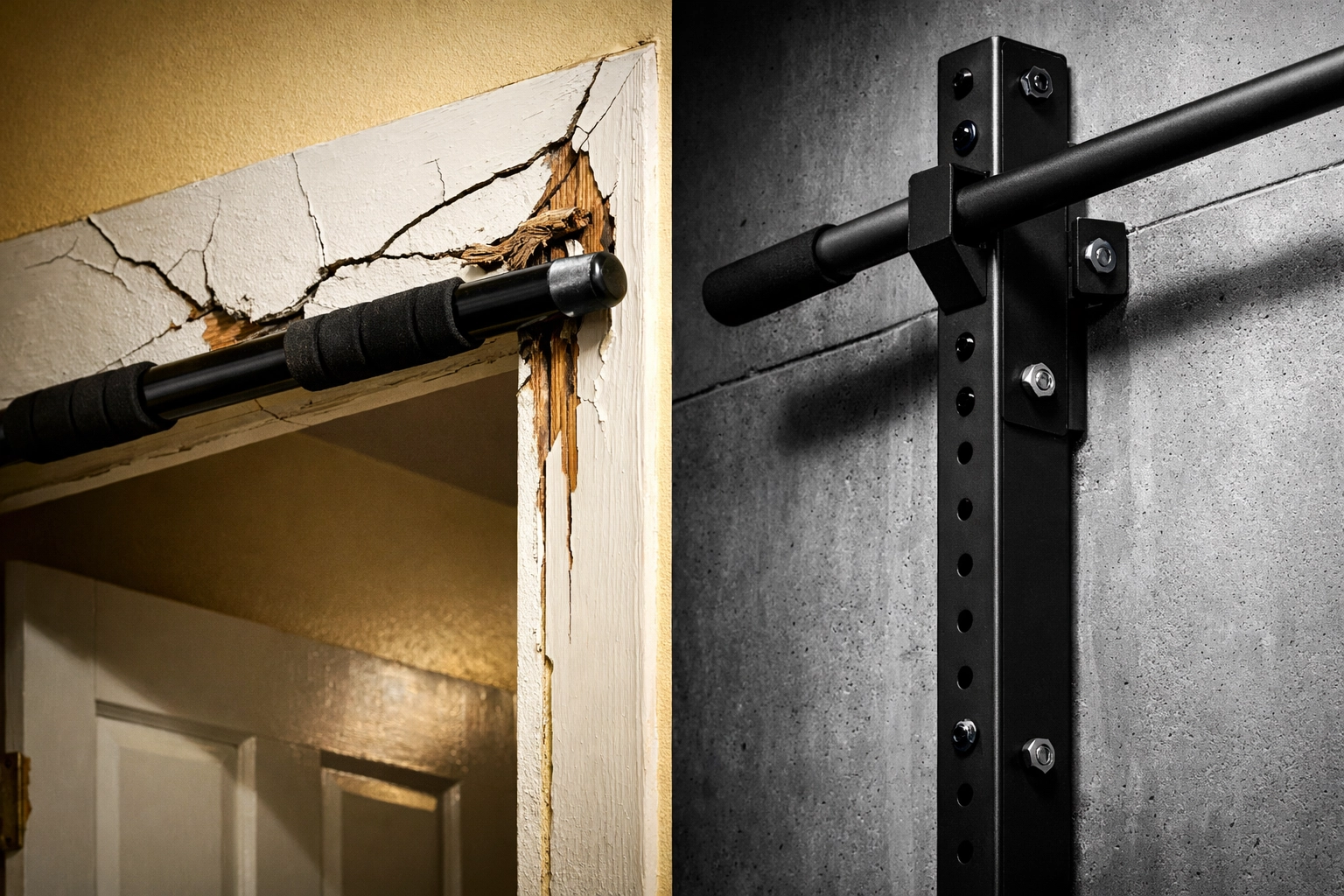 Comparison of a damaging doorway bar versus the Resistance Rail no wall damage system.