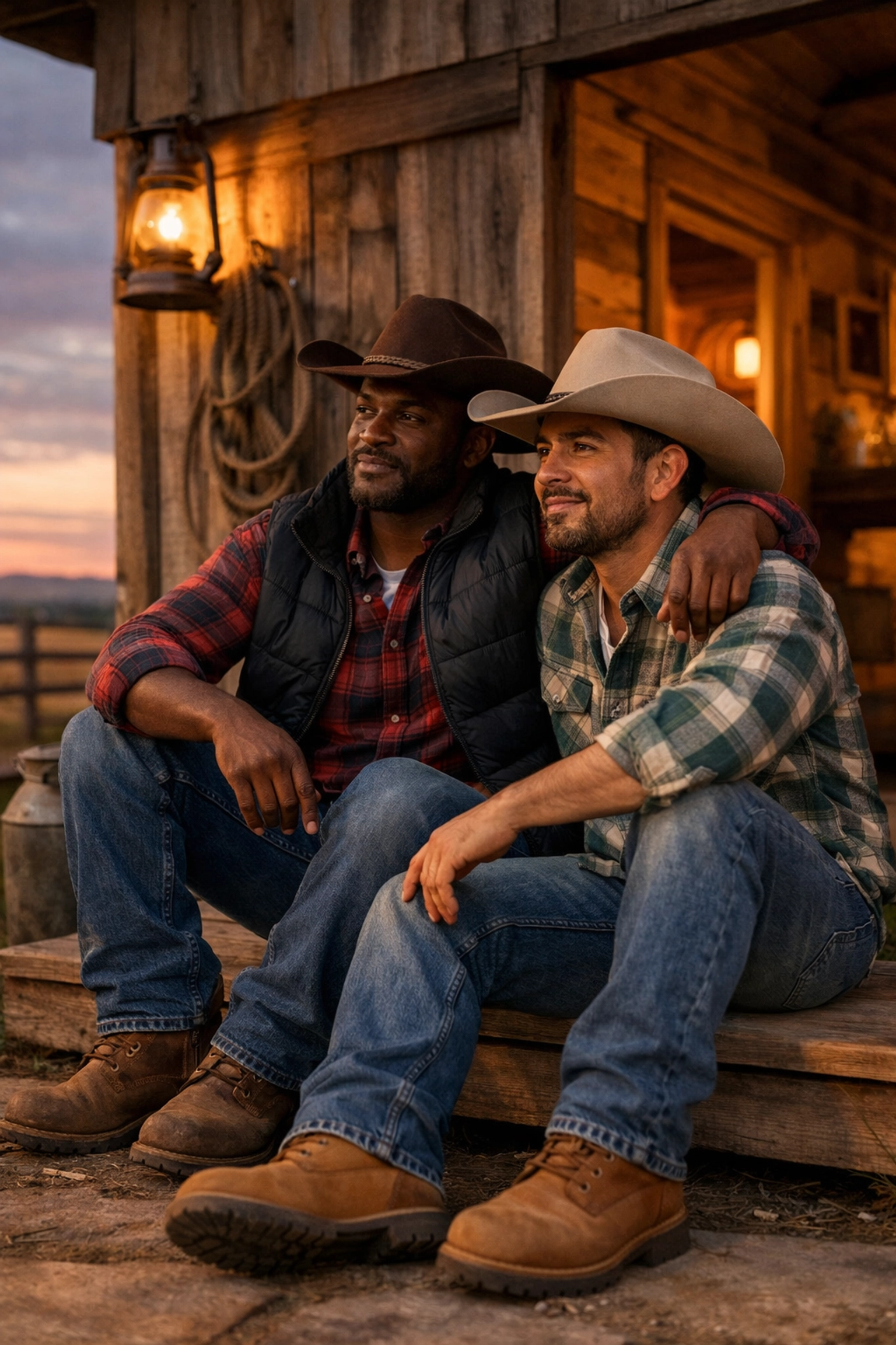 Diverse gay ranchers embrace on a farmhouse porch at dusk, illustrating the inclusive themes of modern queer fiction.