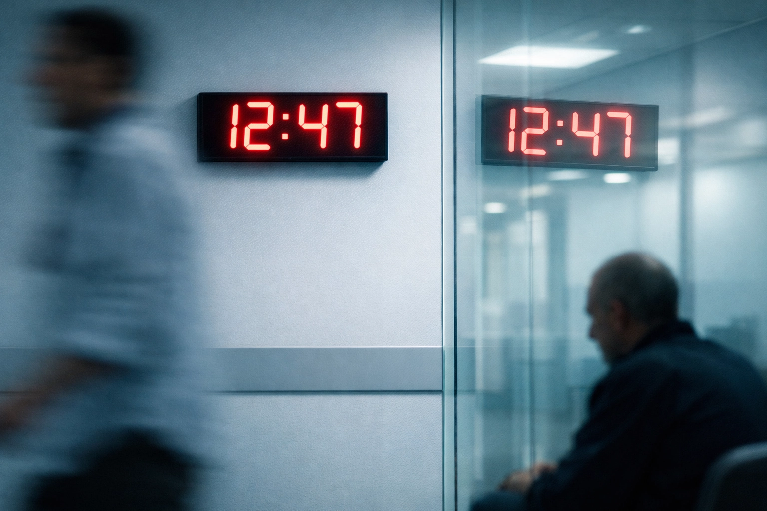 Digital wall clock in a hospital, representing healthcare information blocking response time latency.