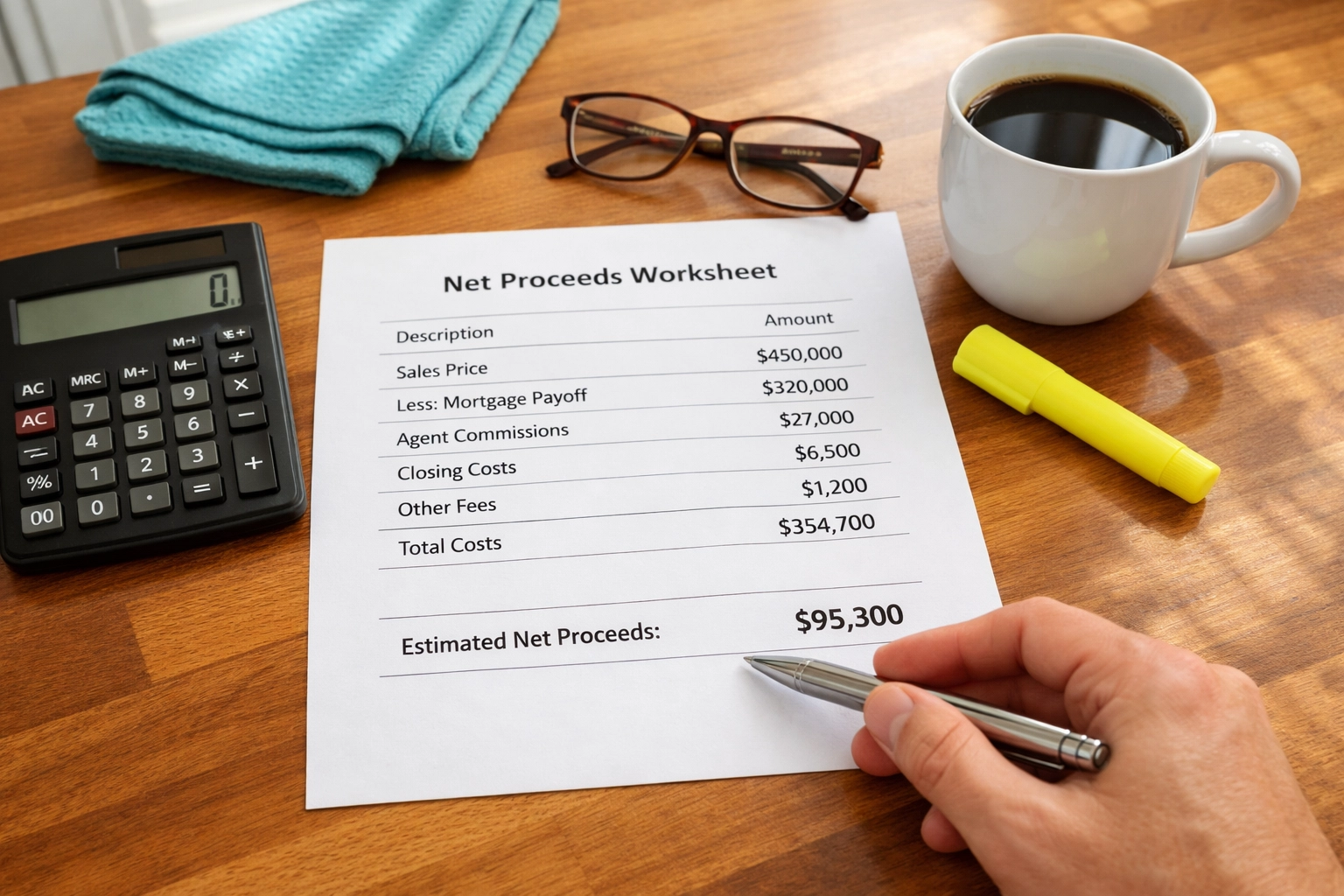 Net proceeds worksheet showing cash offer calculations and final home sale proceeds breakdown