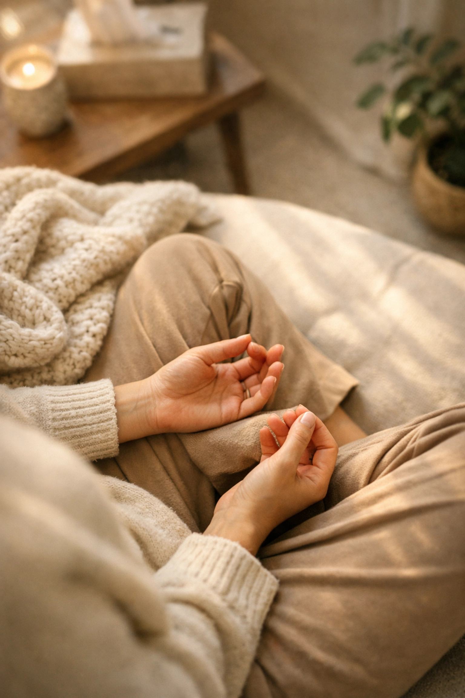Woman in peaceful meditation pose during hypnotherapy session for building confidence