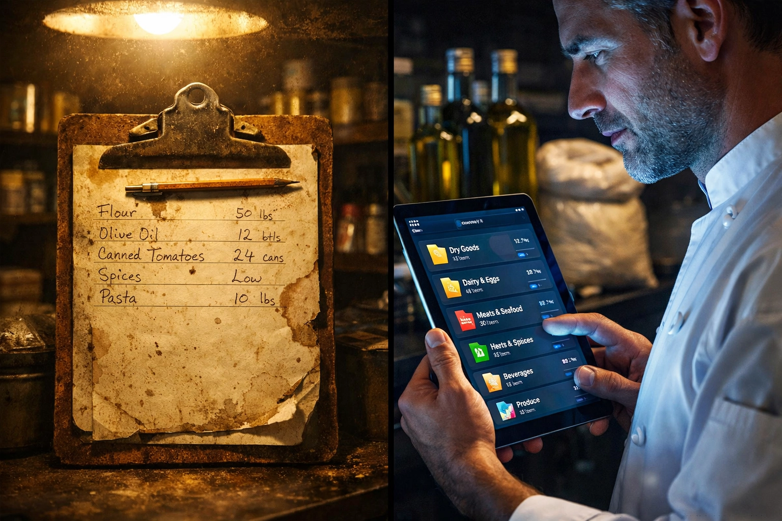 Comparing manual paper inventory tracking to modern digital restaurant inventory management on a tablet.
