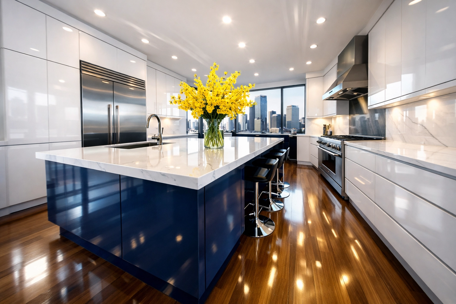 Fast house cleaning Boston MA in a modern kitchen with shiny surfaces and minimalist white cabinetry.