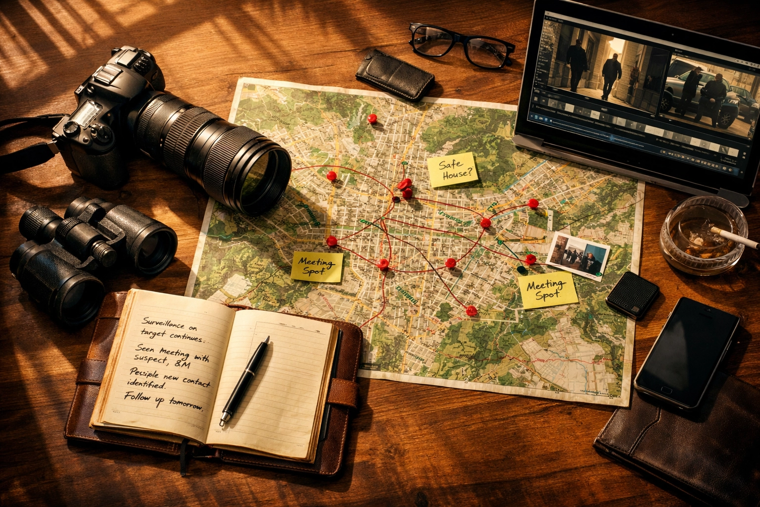 Professional private investigator surveillance equipment and Medellin city map on desk