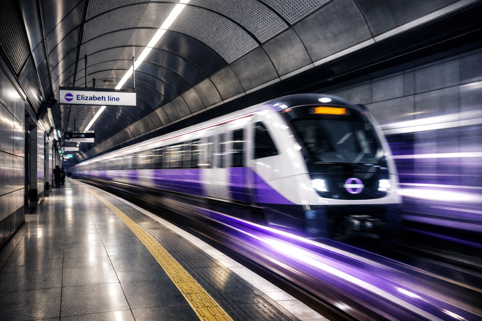 A high-speed Elizabeth Line train arriving at a modern station, showcasing London transport efficiency.