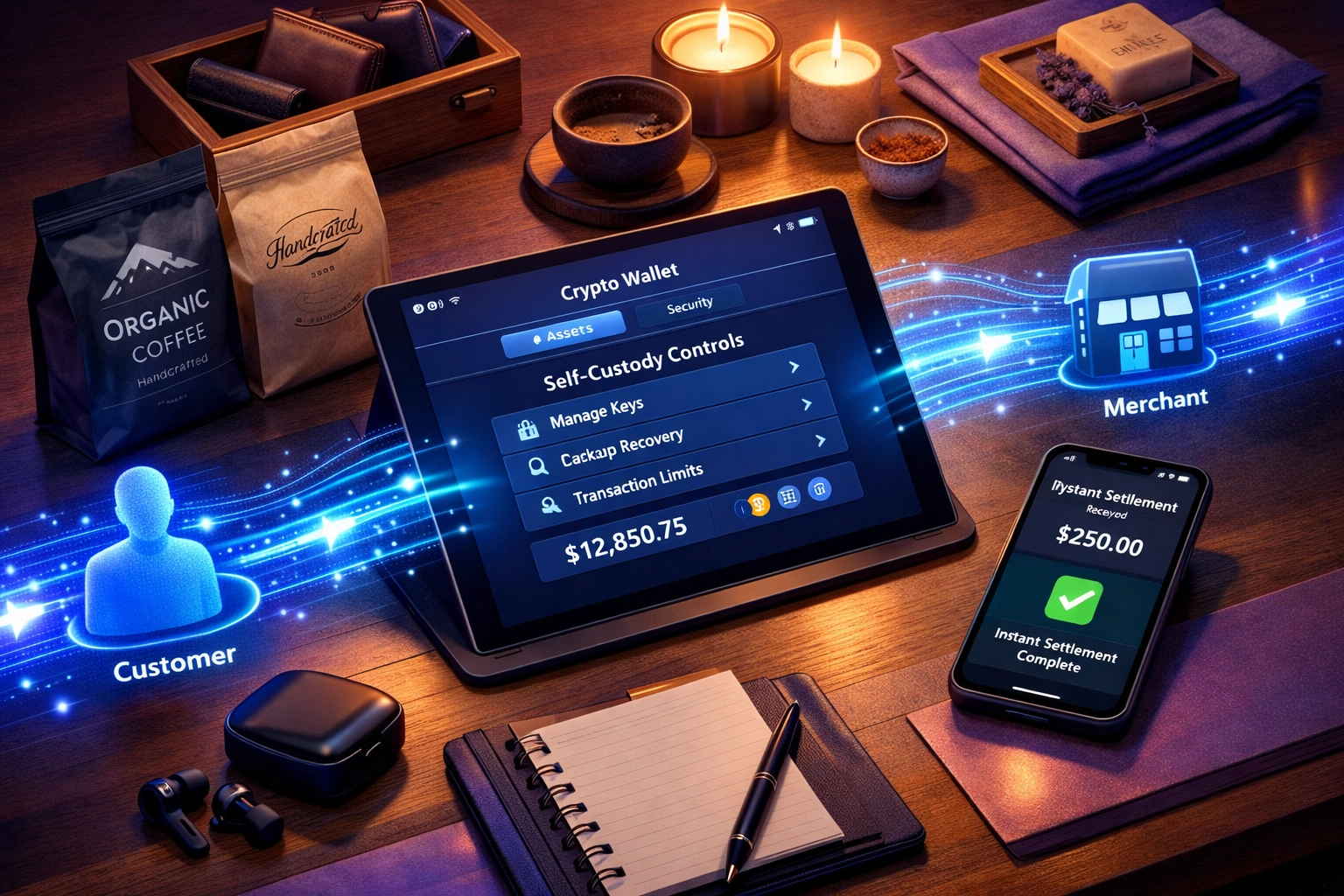 Self-custody merchant account with crypto wallet interface and instant payment settlement