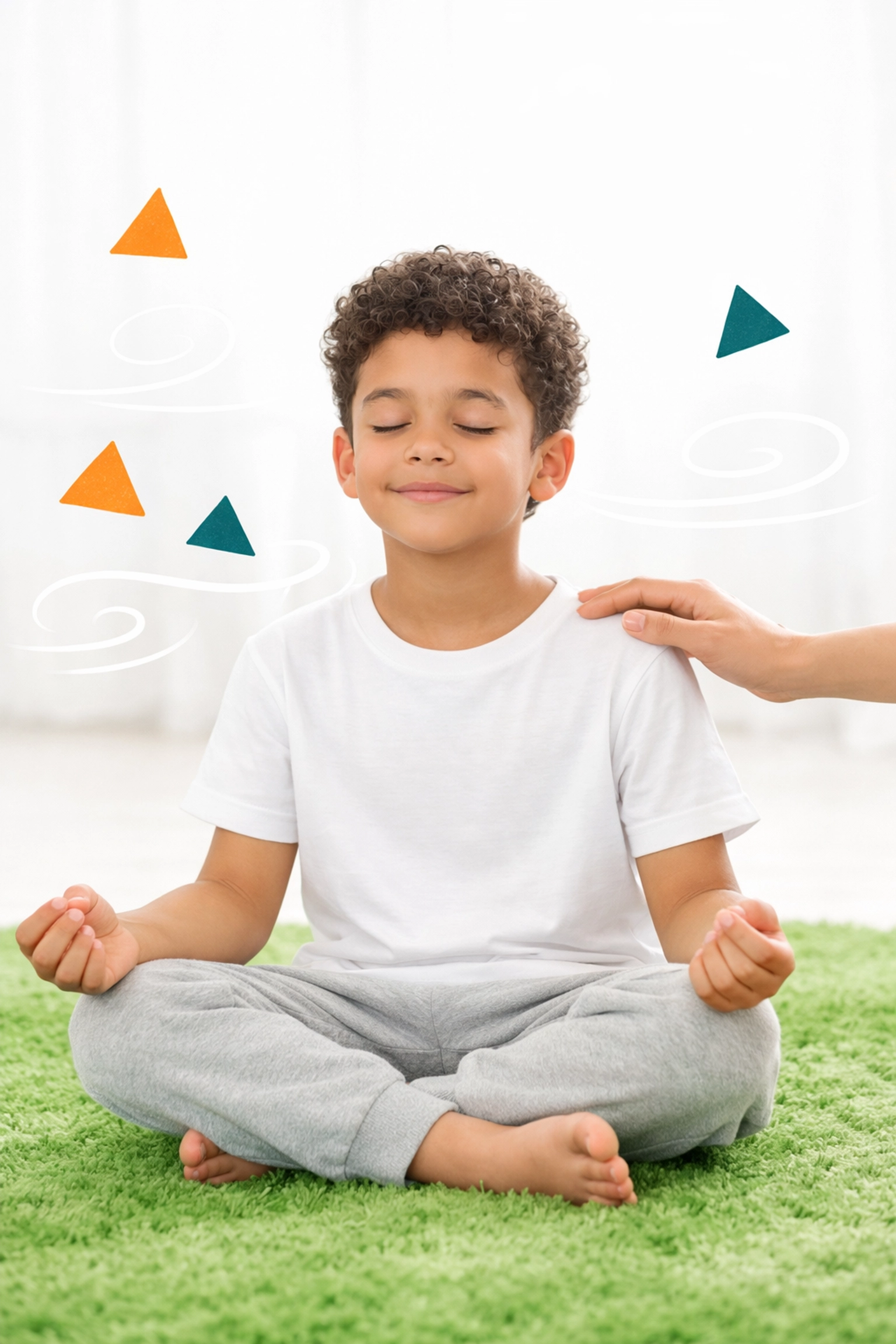 A boy practicing mindful deep breathing for emotional self-regulation and stress management.