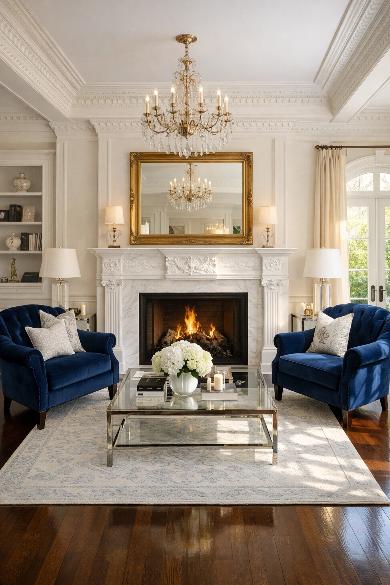 Spotless luxury living room in Wellesley showing professional house cleaning results on hardwood floors.