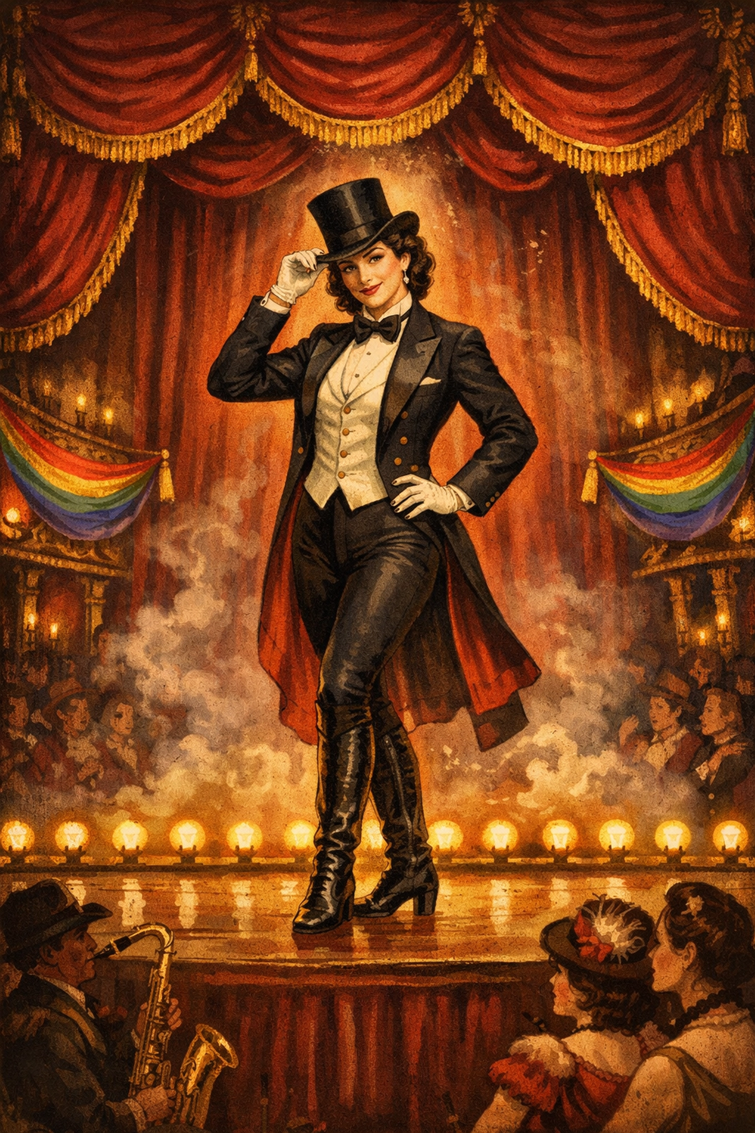 Victorian music hall stage with sapphic performer in tailcoat from Tipping the Velvet historical romance