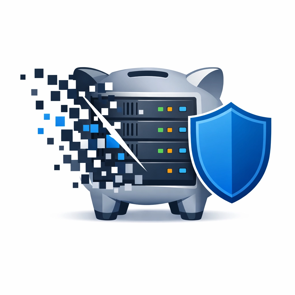 Digital server piggy bank protected by a blue shield against financial loss from a small business data breach.