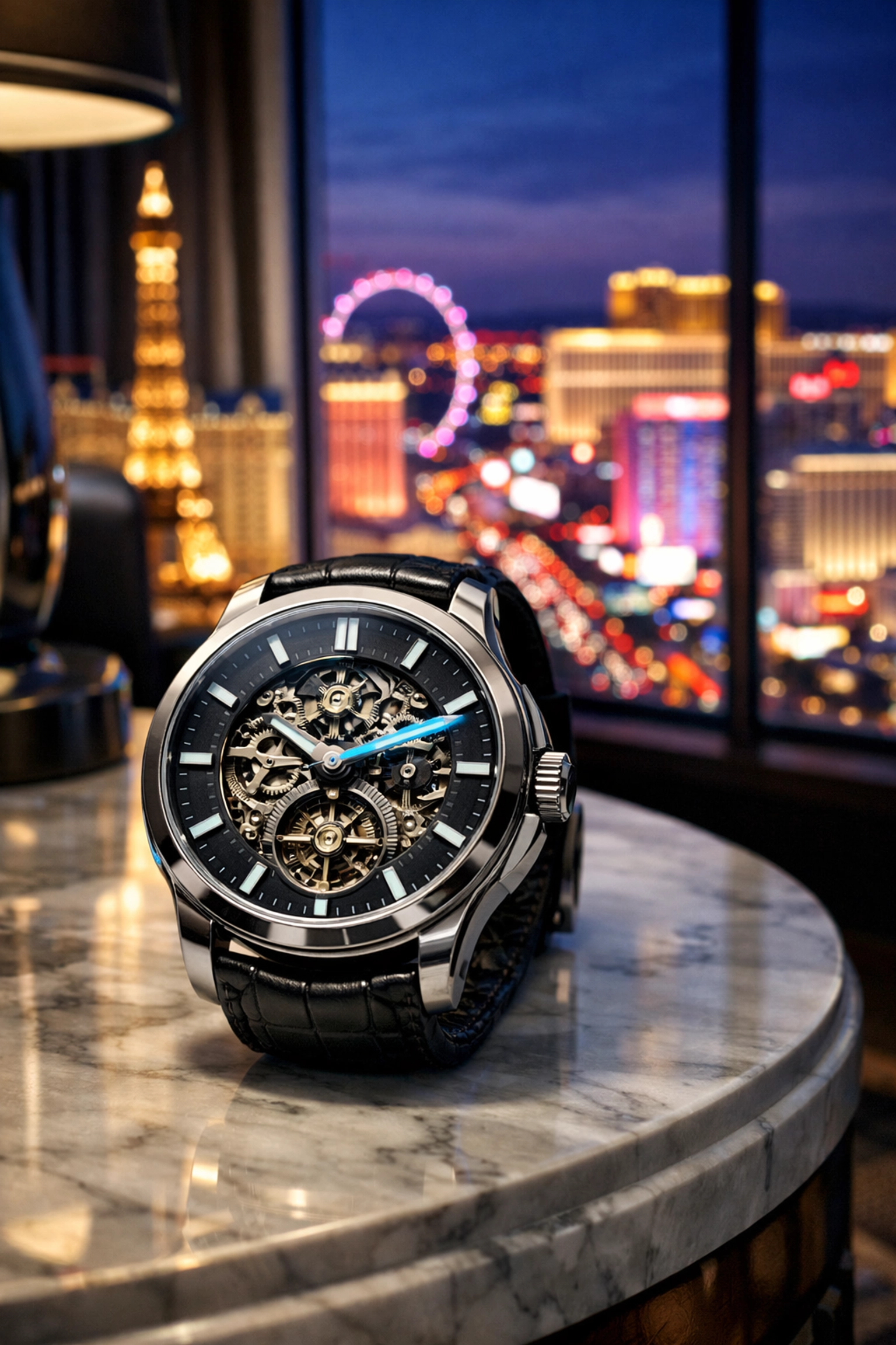 Luxury watch in a Las Vegas hotel suite representing the Pacific Time zone spring forward shift.