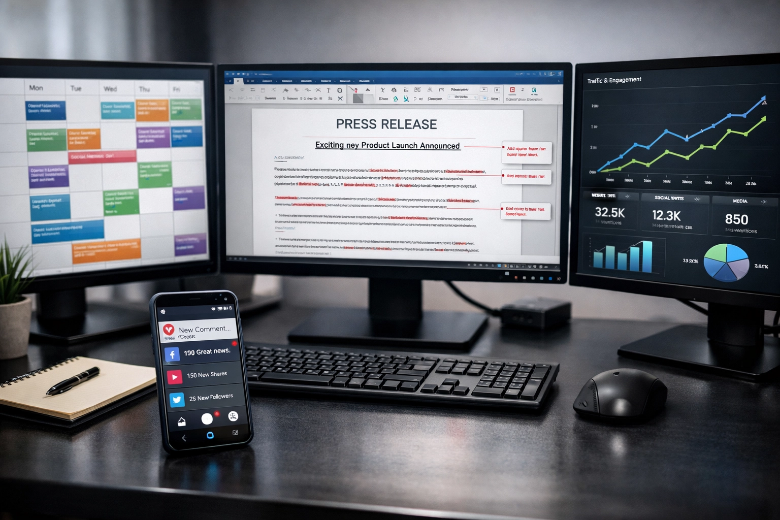Multi-monitor workspace setup for coordinated press release distribution across digital platforms