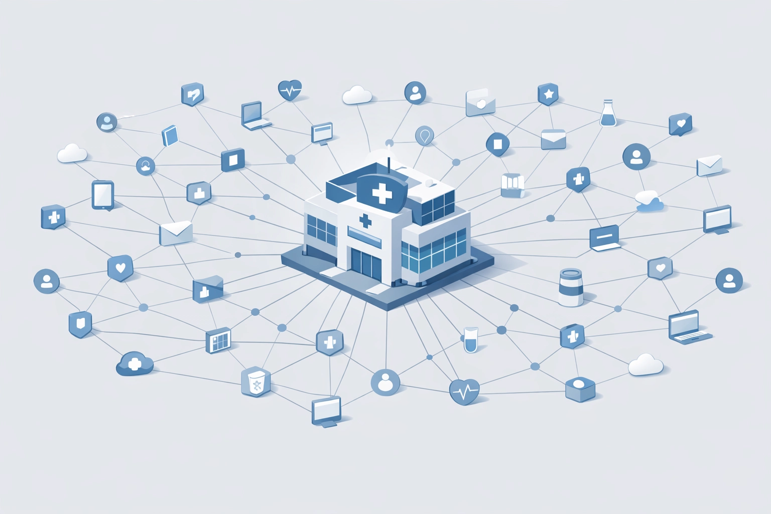Isometric illustration of a chiropractor's clinic icon connected to a wide network of local directories.