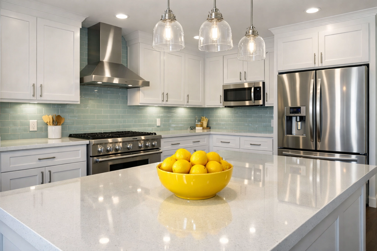 Sparkling clean modern kitchen in Groton MA featuring sanitized countertops and deep cleaned cabinets.