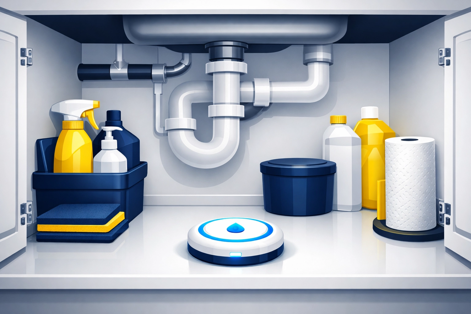 7 Mistakes You’re Making with Leak Prevention (And How to Fix Them Before Your Insurance Renewal) 3 A smart leak detection alarm placed in an organized under-sink cabinet for proactive plumbing safety.
