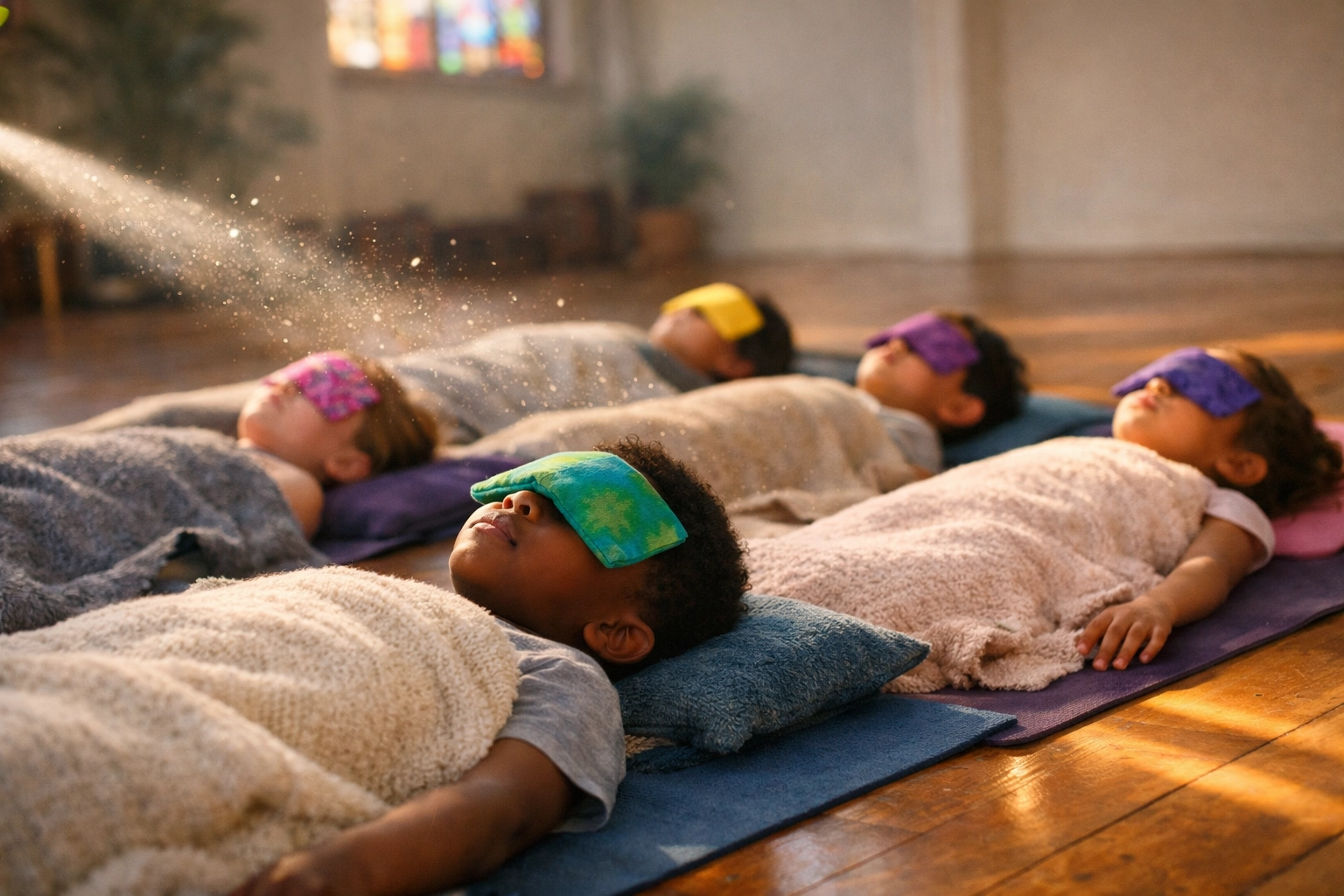 Diverse group of children resting in savasana with eye pillows, learning mindfulness at Love Yoga Leeds.